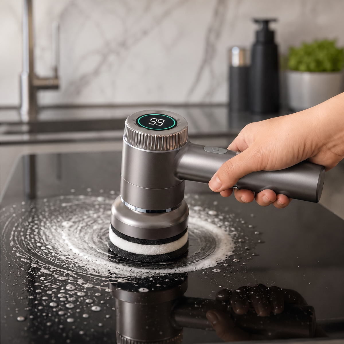 GleamSway SpinEase power scrubber in grey, cleaning a black glass cooktop
